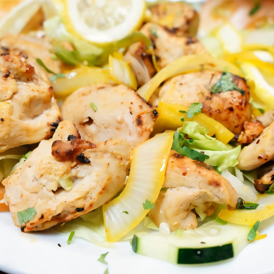 Naan & Curry's chicken tikka, with lemon, onions, and fresh greens on a white plate.