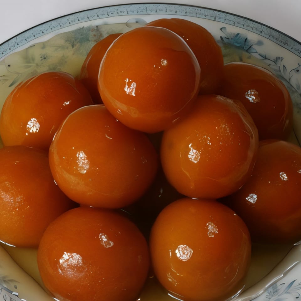 A bowl of glistening, orange-brown Gulab Jamun, an Indian dessert, in a light syrup.