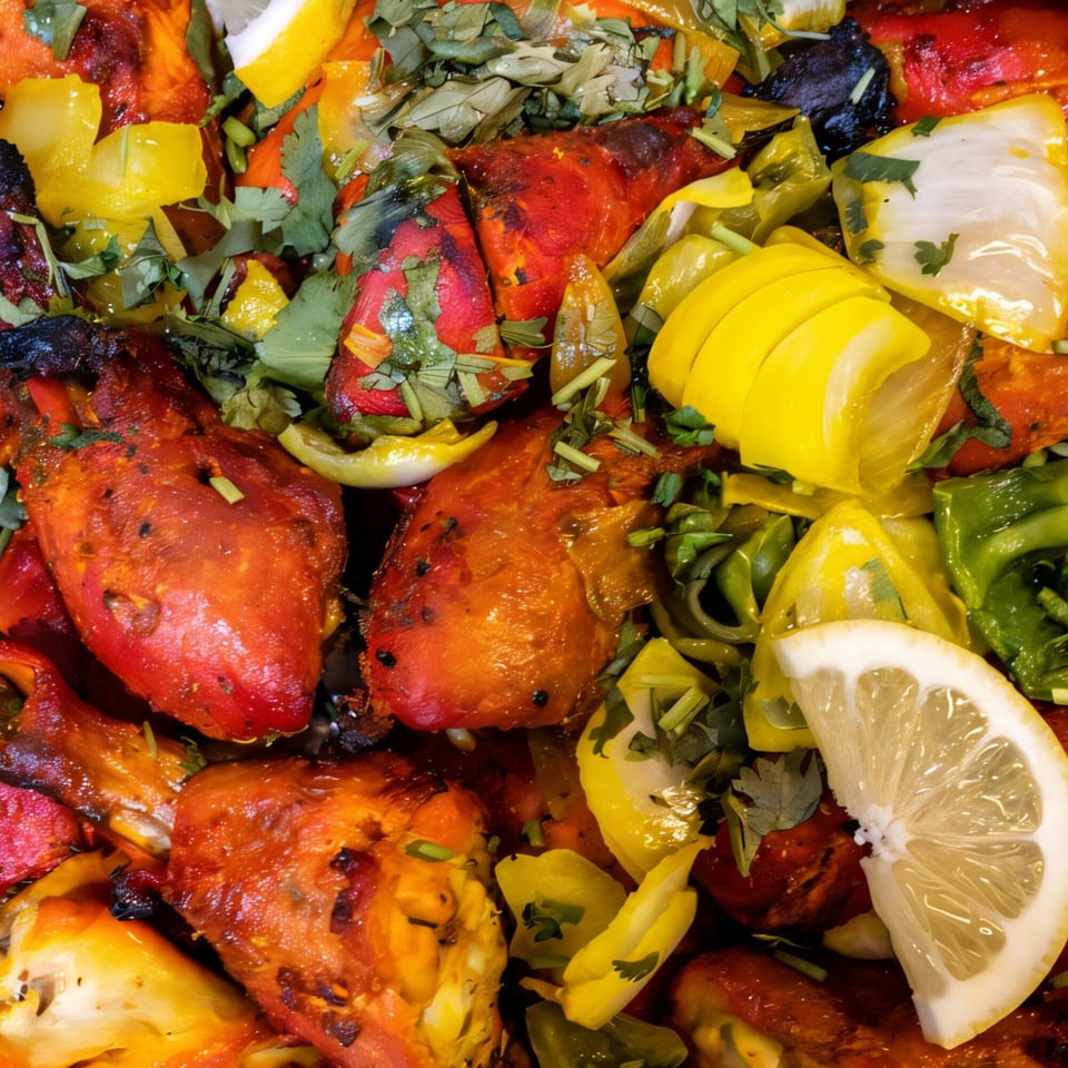 Close-up of Naan & Curry's vibrant Indian tandoori chicken with bell peppers, cilantro, and lemon.